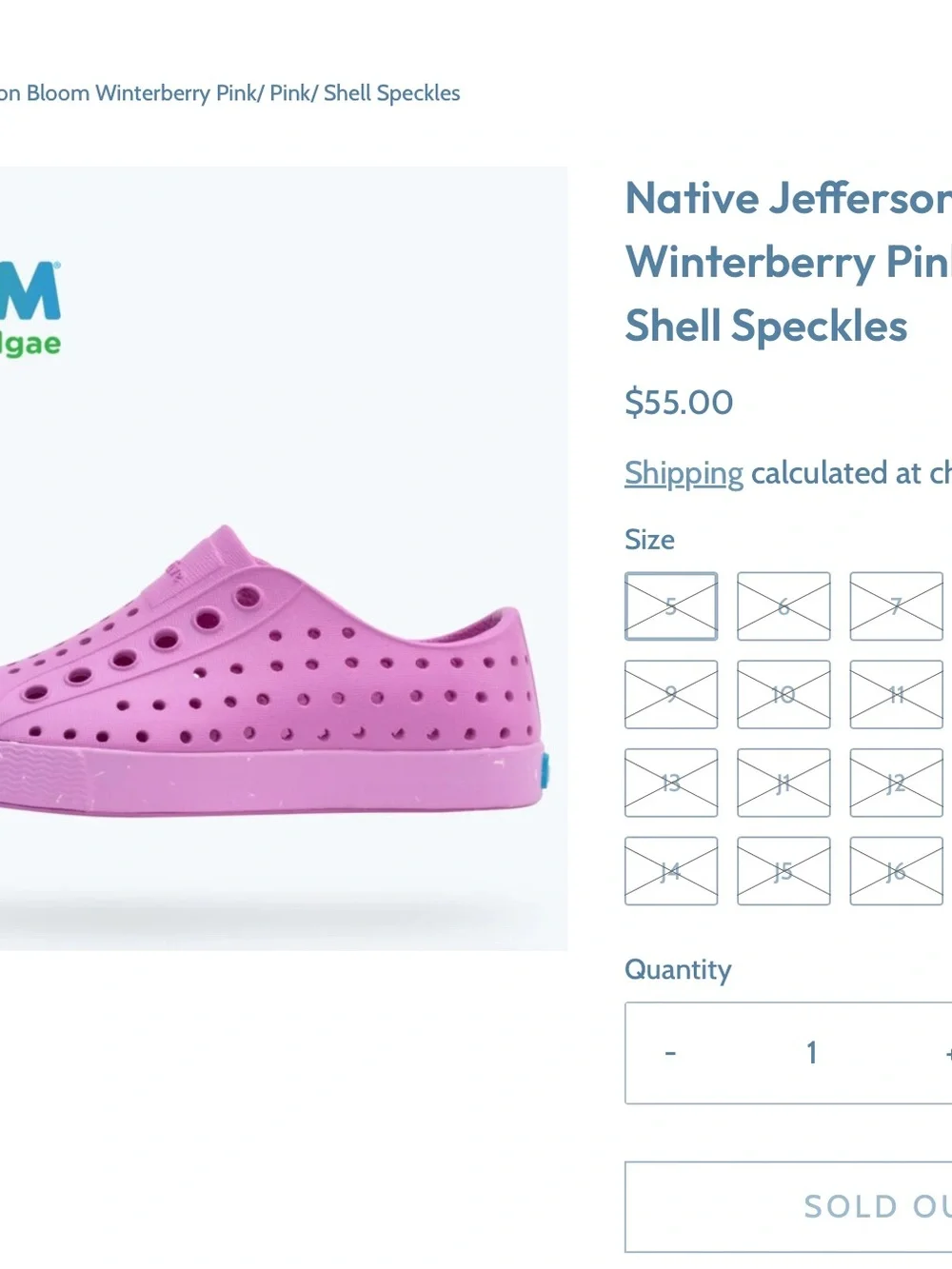 Native Jefferson Bloom Winterberry Pink Shell Speckles size J2